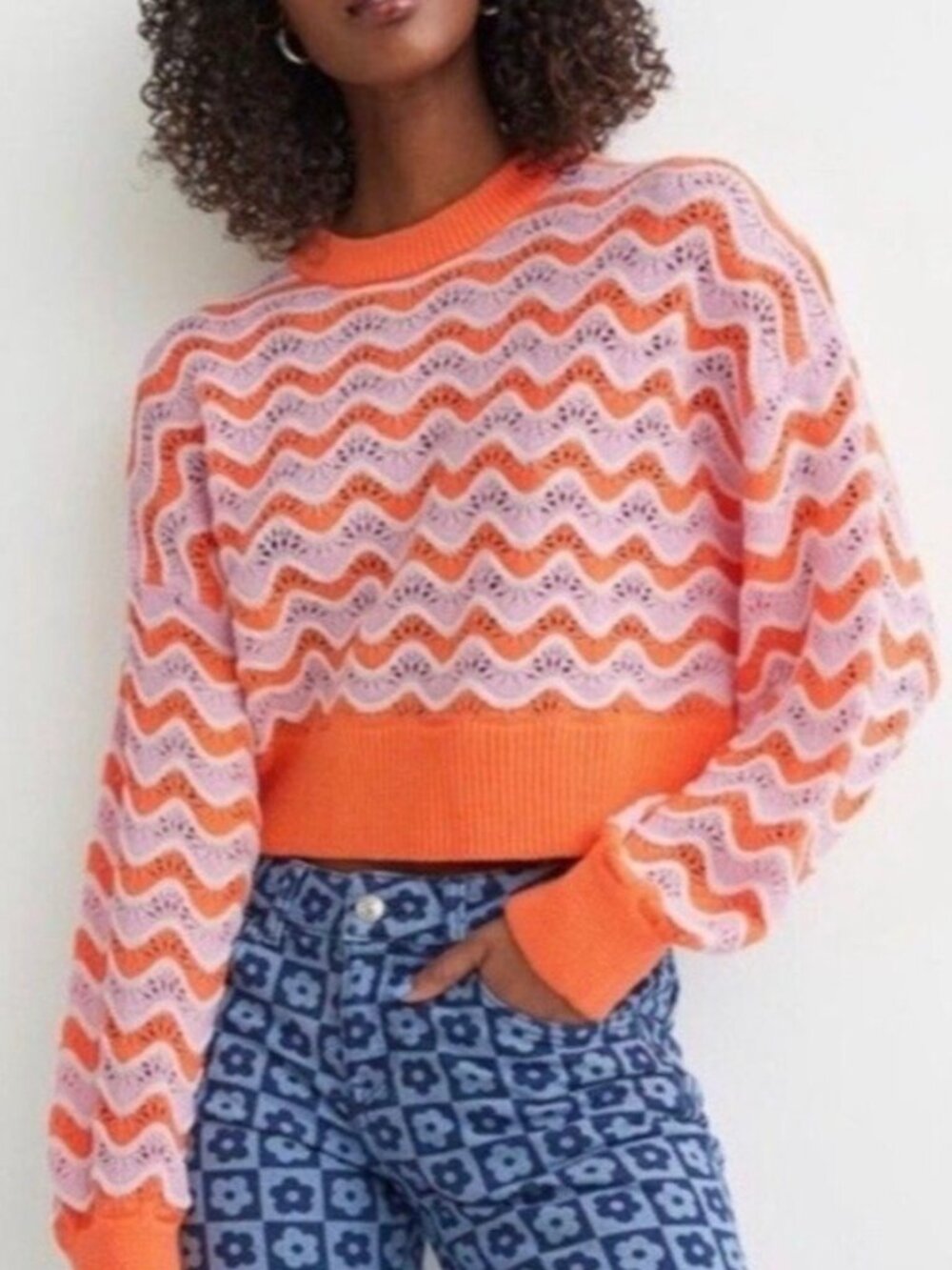 H&M Pink Orange Chevron Knit Cropped Pullover Sweater Size M
